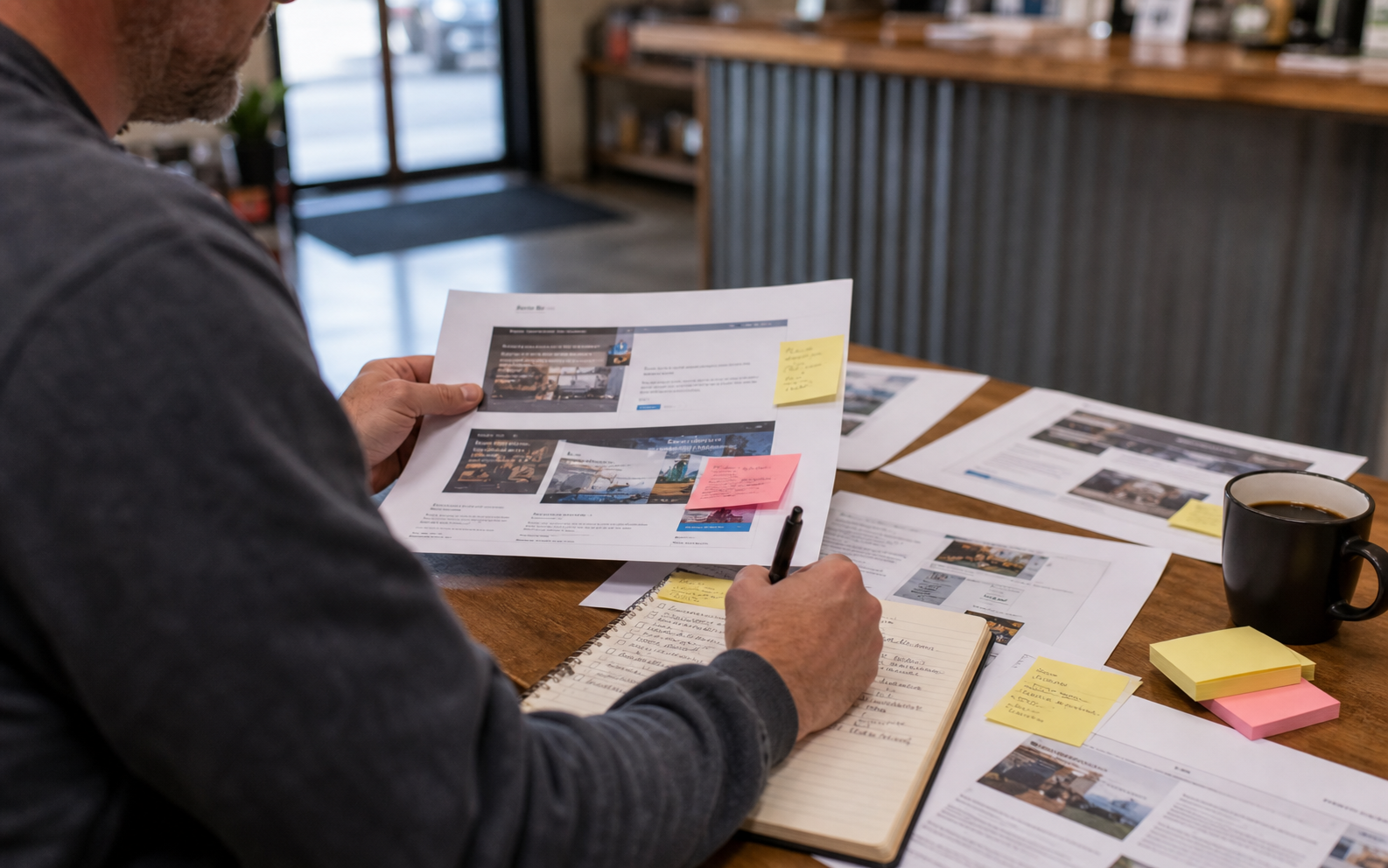Printed website pages and operator notes on a small business desk